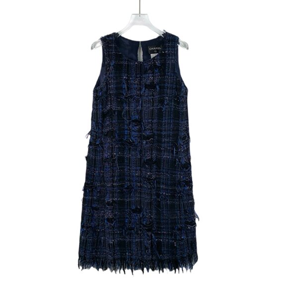 HW0073 Chanel Chanel Dark Blue Cotton Round Neck Sleeveless Braided Tweed Tassel - Picture 1 of 7